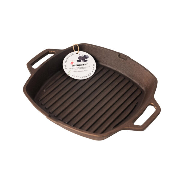 Aarogyam Pre-seasoned Cast Iron Grill Pan with 2 Short Handles, Naturally Nonstick, Induction Friendly